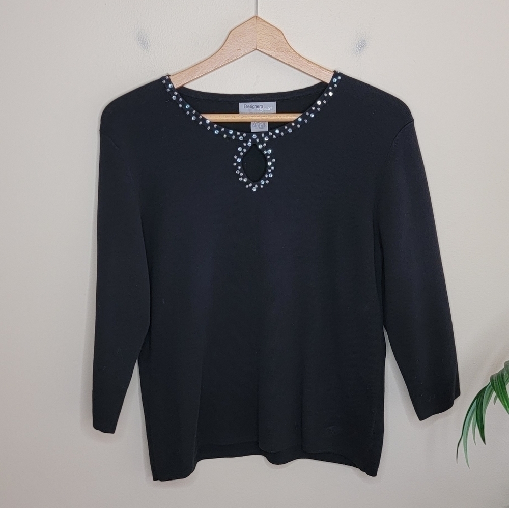 Designers Originals Petite Black 3/4 Sleeve Sweater with Sequin Trim Size Large
